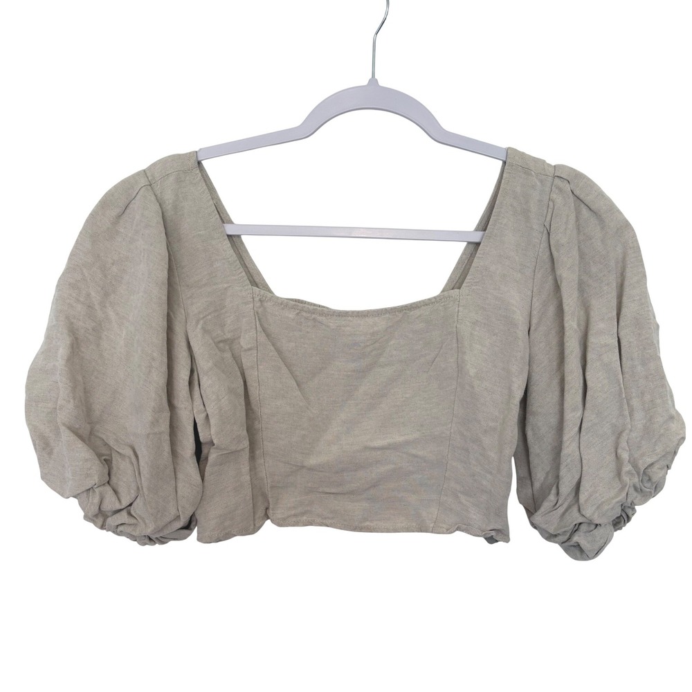 Miou‎ Muse Linen Blend Puff Sleeve Crop Top Blouse Cottagecore Boho Taupe M
